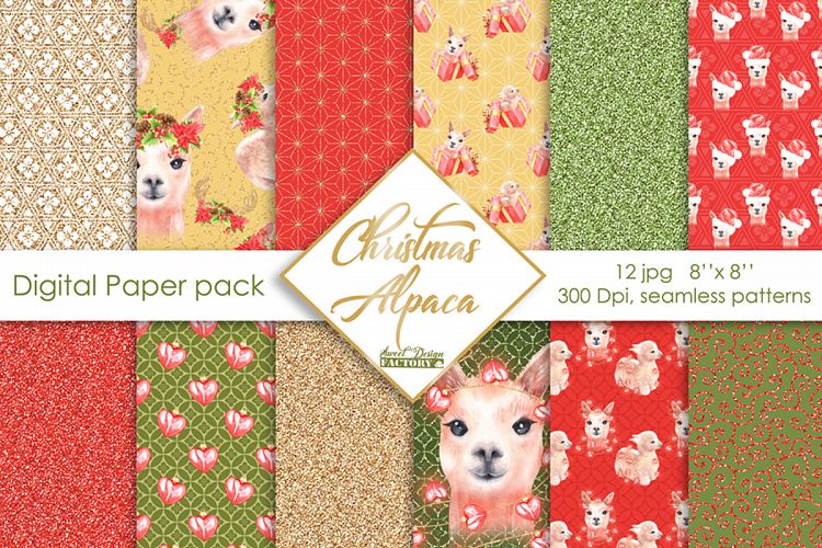 Christmas llama digital paper pack