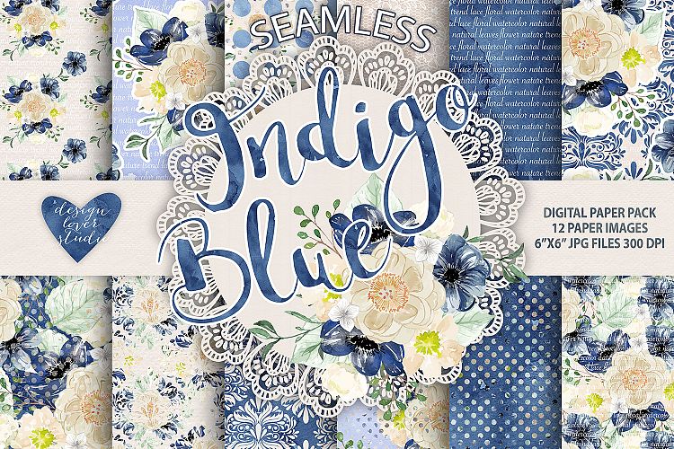 Watercolor Peony Indigo Blue flowers digital paper