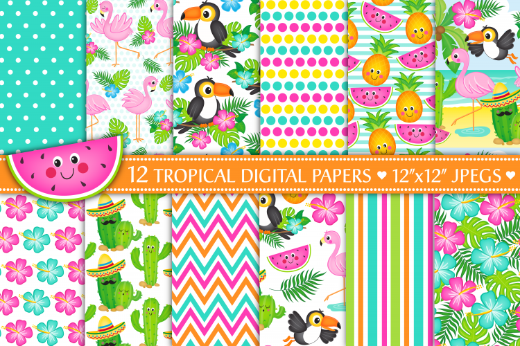 Tropical digital papers, Flamingo digital papers, Cactus