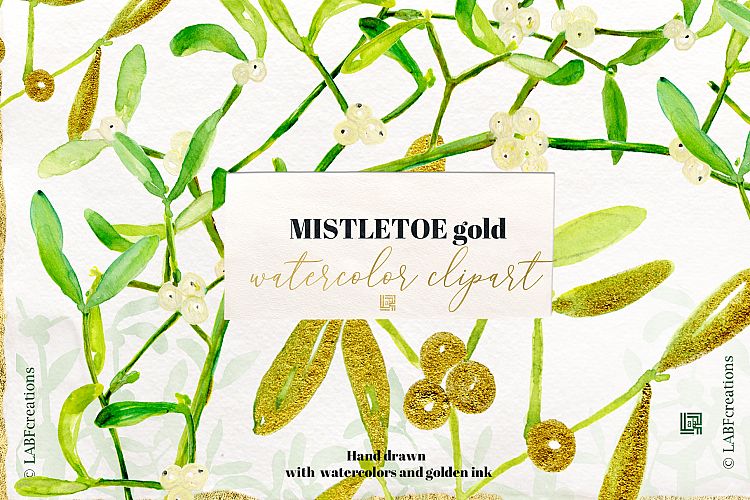 Mistletoe GOLD. Watercolor Hand drawn clipart set with real