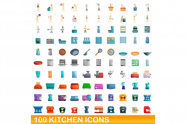 100 kitchen icons set, cartoon style example image 1