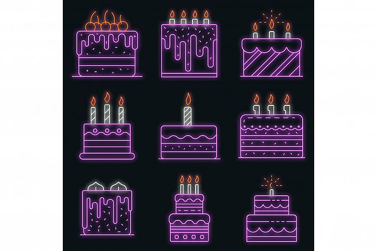 Cake birthday icons set vector neon example image 1