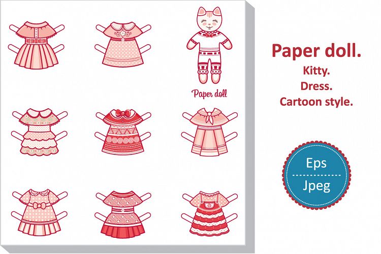 Paper doll. Dress. Cartoon style. Cut Out Printable,Craft for kid. Kitty.