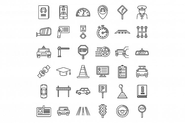 Auto driving school icons set, outline style example image 1