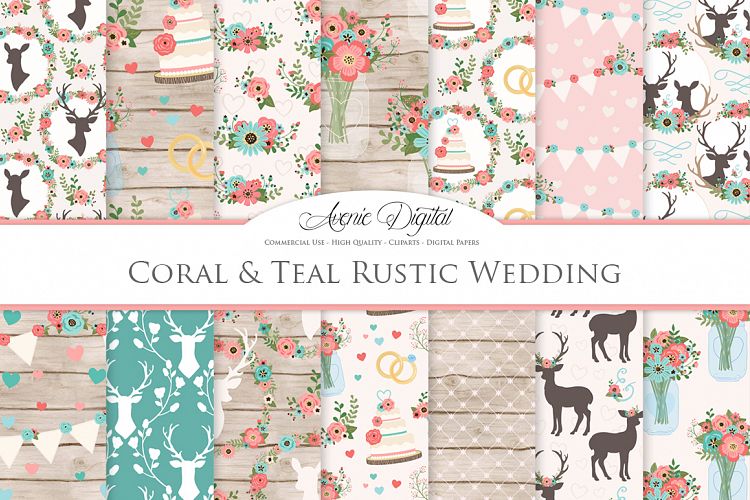 Coral and Teal Wedding Digital Paper -  Rustic Deer Wedding Seamless Patterns