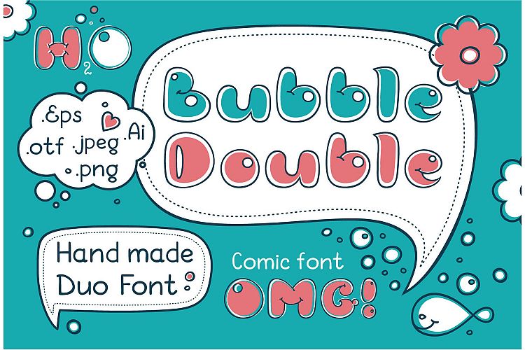 Bubble Double Duo font. Comic Alphabet. Handwritten calligraphy lettering for phrase and quotes. 
