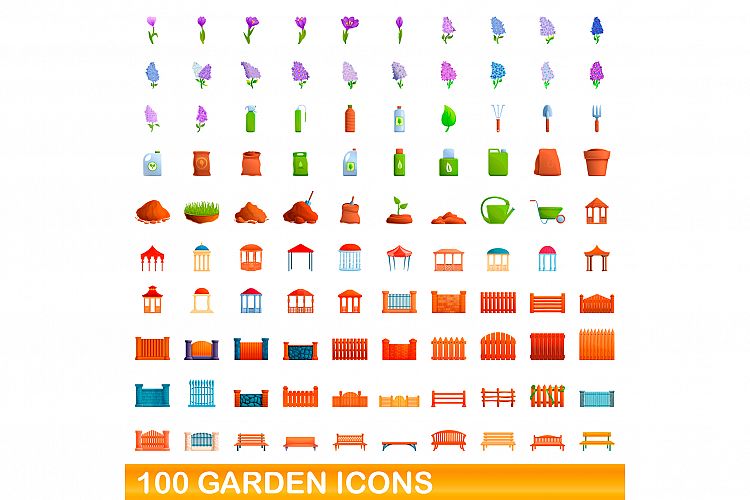 100 garden icons set, cartoon style