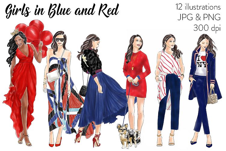 Fashion illustration clipart - Girls in Blue and Red