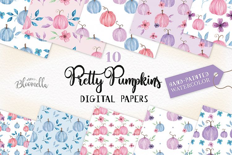 Pumpkin Pink Blue Seamless Patterns Digital Papers Fall