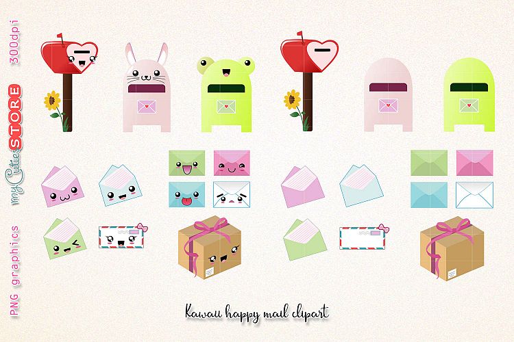 Kawaii happy mail clipart, cute mailbox graphics set great for planner stickers, scraps or digital planning.