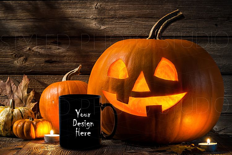 Halloween Mug Cup Mockup Wood Background