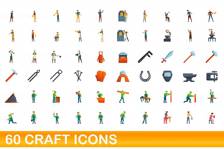 60 craft icons set, cartoon style example image 1