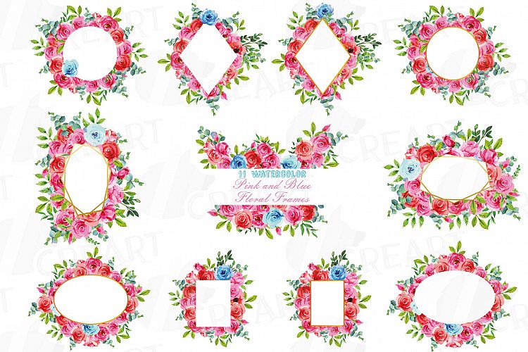 Boho pink and blue floral frames watercolor clip art pack