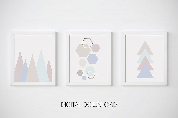 Geometric Print Set of 3, Blue and Pink Wall Art, Pastel Art