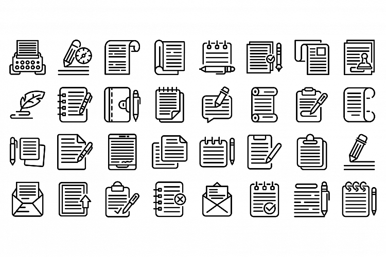 Writing icons set, outline style