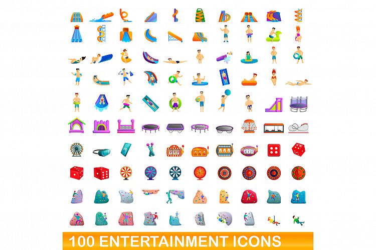 100 entertainment icons set, cartoon style example image 1
