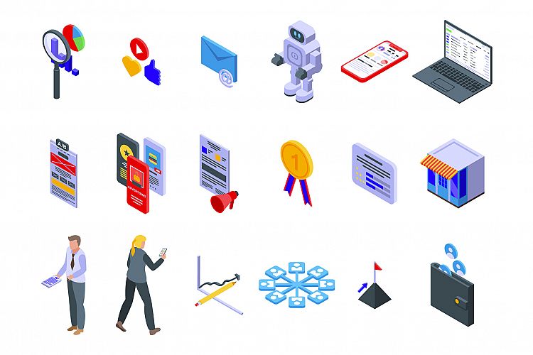 Online marketing icons set, isometric style example image 1