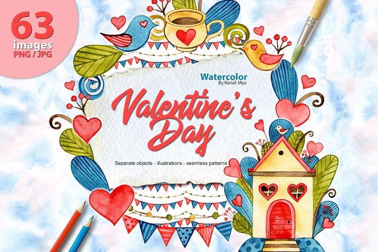 Watercolor Valentines Day set