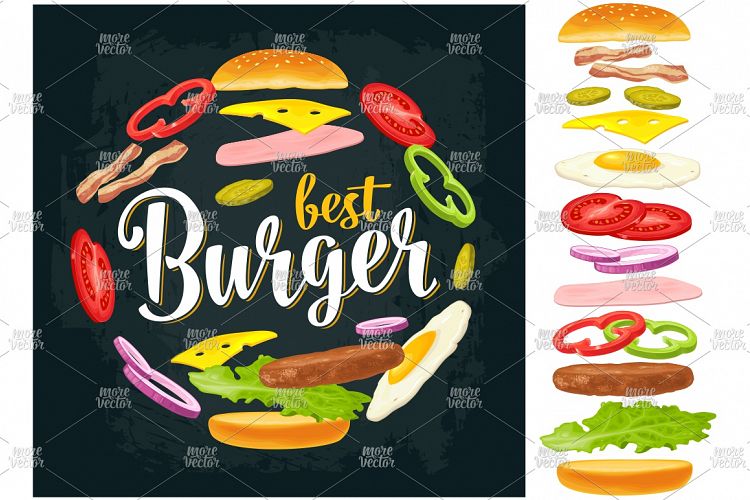 Set flying ingredients Best Burger handwriting lettering