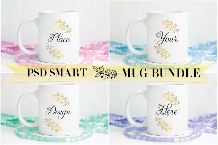 4 Mug Bundle Mockup white ceramic coffee cup mock up spring Easter mugs psd smart object