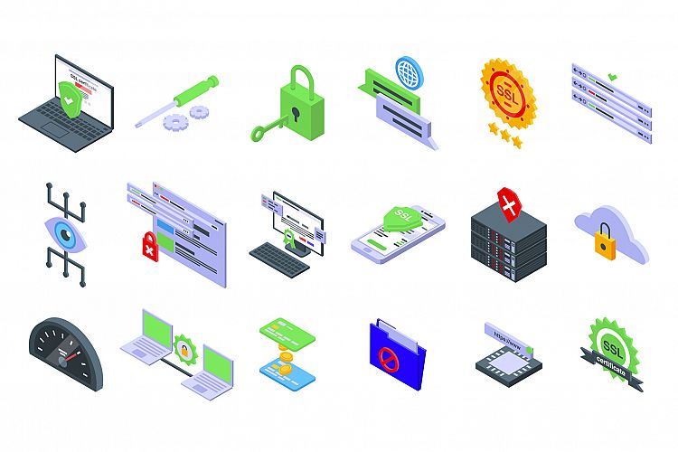 SSL certificate icons set, isometric style example image 1