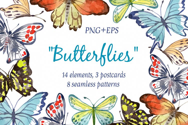 Butterflies. Watercolor set. 