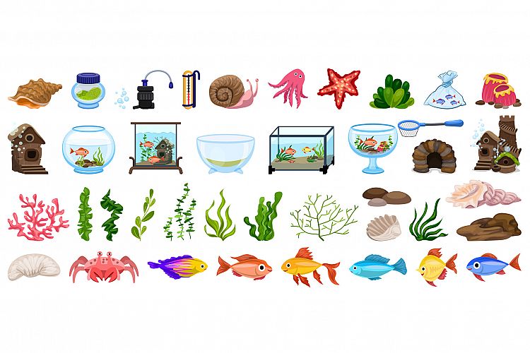 Aquarium icons set, cartoon style