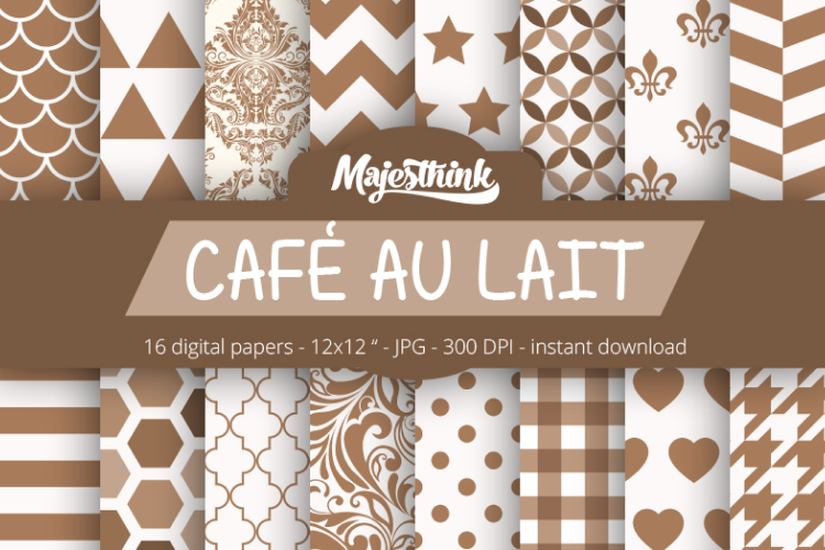 Cafe Au Lait Brown Digital Paper - with polkadot, stripe, chevron, quatrefoil, floral, damask, hexagon, triangle red pattern for Scrapbooking