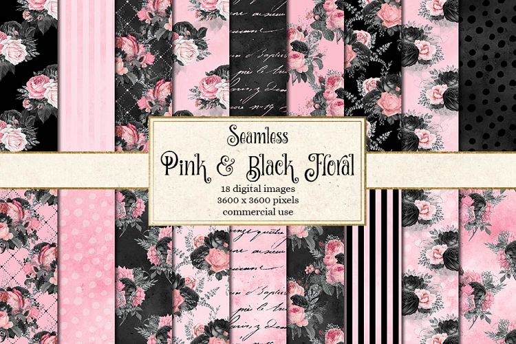 Pink and Black Floral Digital Paper