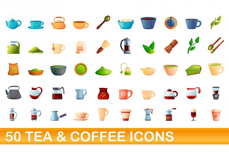 50 tea and coffee icons set, cartoon style example image 1