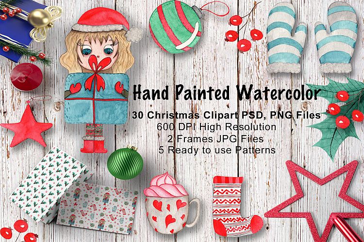 Hand Painted Watercolor Christmas Clipart Set