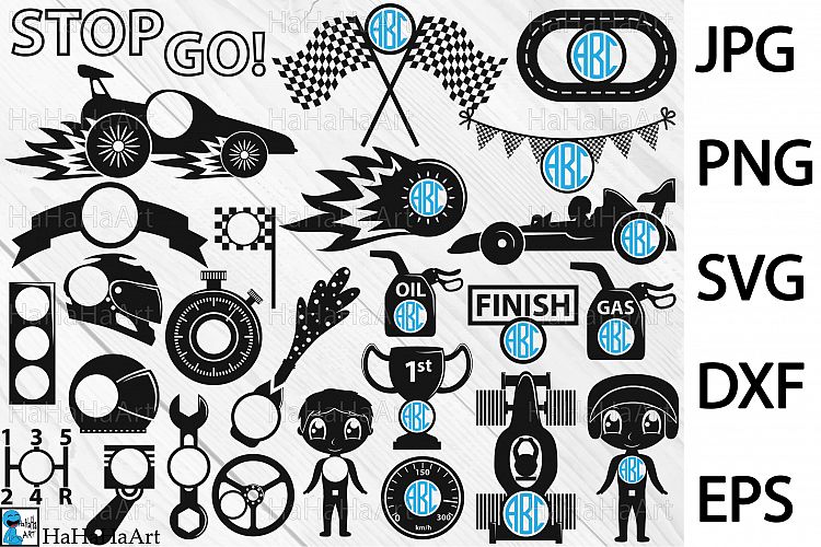 Race Car Circle Monogram V1 - Clip art / Cutting Files 84c