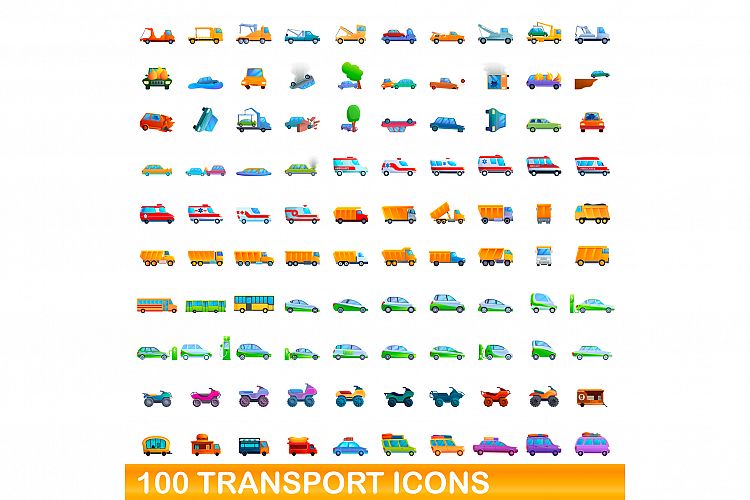 100 transport icons set, cartoon style example image 1