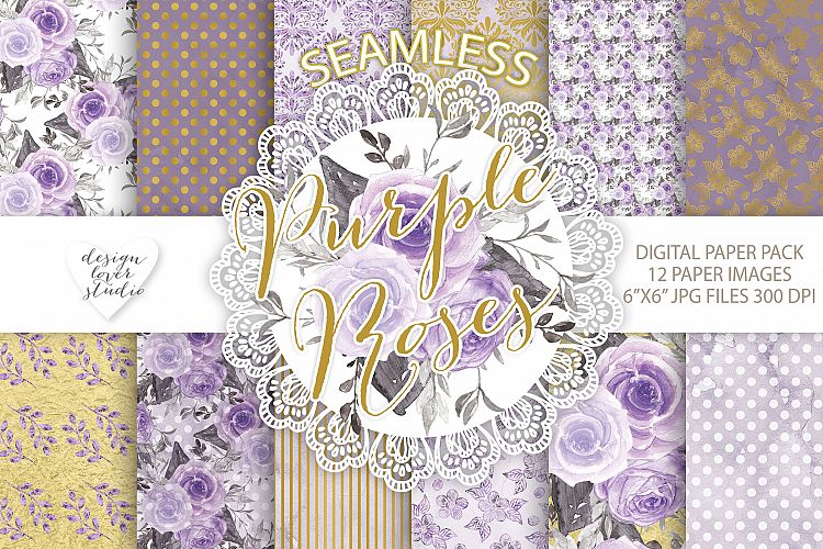 Watercolor Gold Purple Roses flowers digital paper