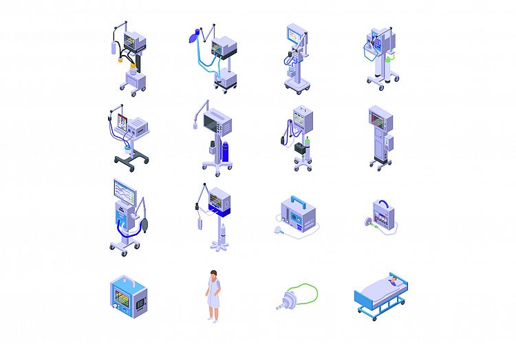 Ventilator Medical Machine icons set, isometric style