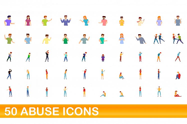 50 abuse icons set, cartoon style