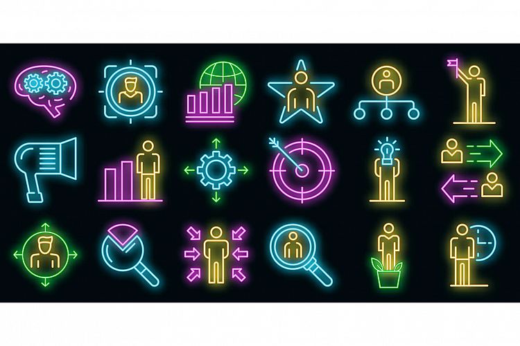 Managing skills icons set vector neon
