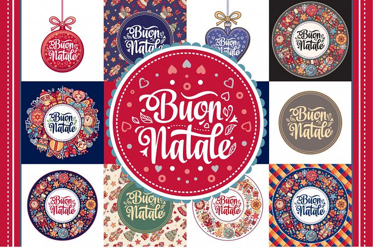 Christmas template. Buon Natale. Bundle. 22 greeting card. Winter holiday in Italy. Italian. Vintage style.