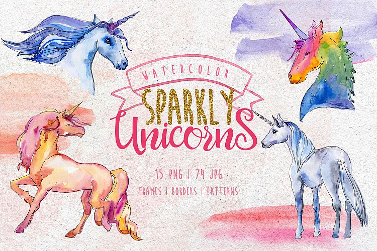 Watercolor Sparkly unicorns PNG set