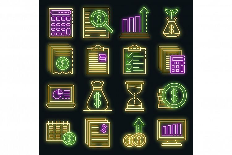 Expense report icons set vector neon