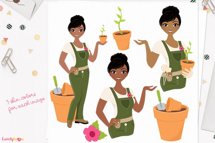 Gardening woman character clip art (L290 Cassie)