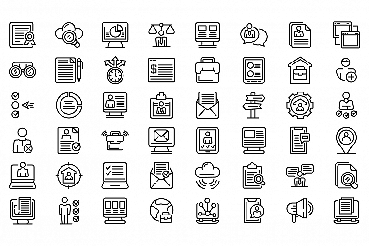 Online job search icons set, outline style