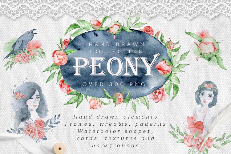 Watercolor peonies romantic floral clipart
