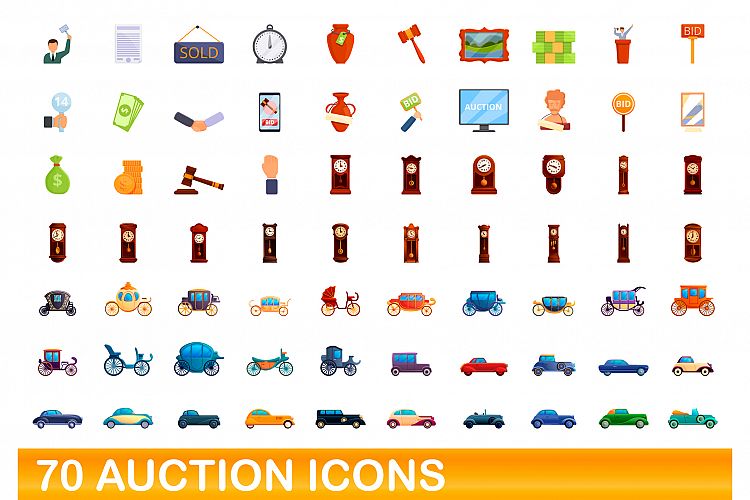 70 auction icons set, cartoon style example image 1