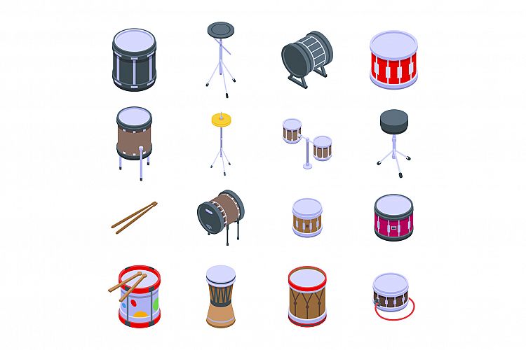 Drum icons set, isometric style example image 1