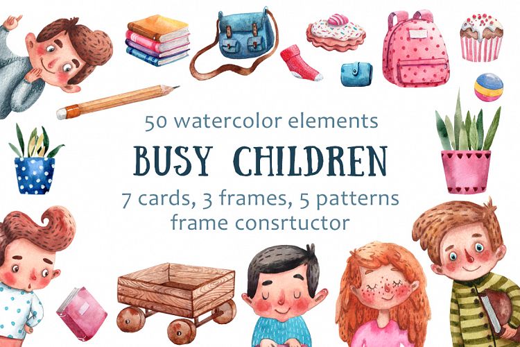 Busy Children - Watercolor Clip Art Set