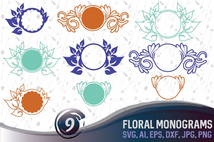 9 Floral Monograms Bundle SVG, DXF, JPG, PNG, DWG, AI, EPS