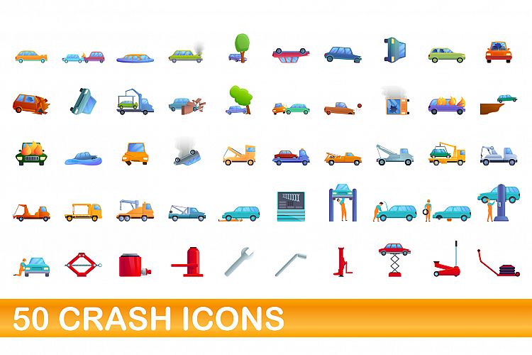 50 crash icons set, cartoon style example image 1