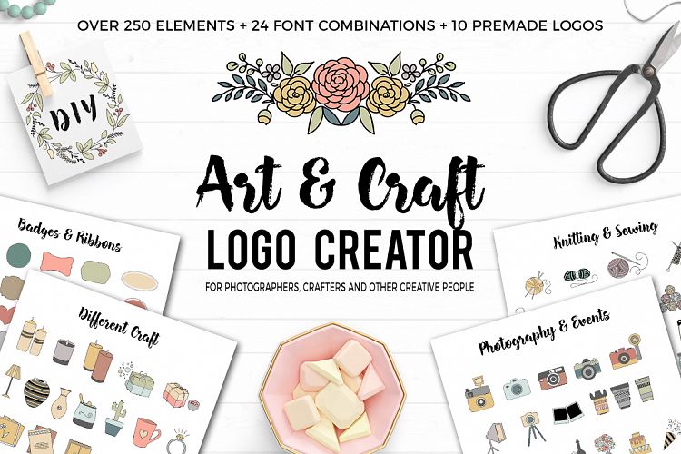 Art and Craft Logo Creator. Over 250 handdrawn elements