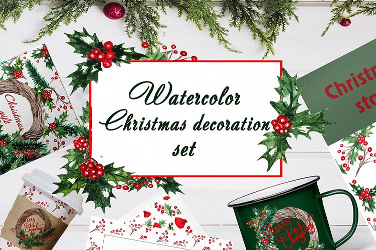 Watercolor Christmas decorations set